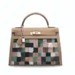 Hermès Rare Collectible Kelly 32 Sellier Multicolor Étoupe Feather Embroidery & Swift Mosaïque Palladium Hardware Replica Quality