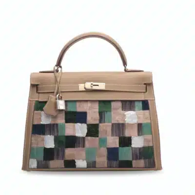 Hermès Rare Collectible Kelly 32 Sellier Multicolor Étoupe Feather Embroidery & Swift Mosaïque Palladium Hardware