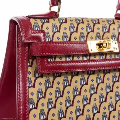 Hermès Rare Collectible Mini Kelly 20 Rouge Vif Box Calf & Owl Print Silk detail2