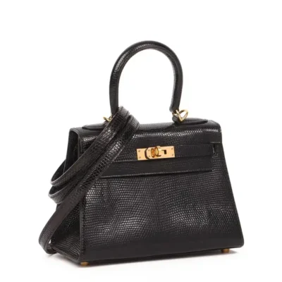 Hermès Vintage Mini Kelly 20 Sellier Black Niloticus Lizard Gold Hardware