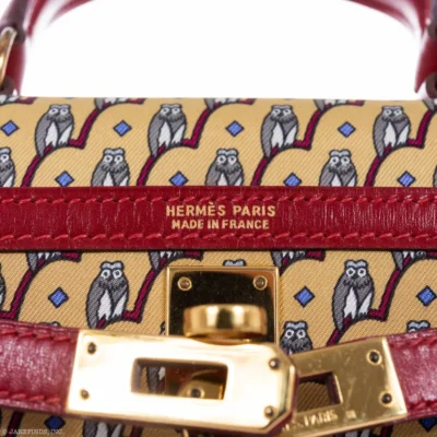 Hermès Rare Collectible Mini Kelly 20 Rouge Vif Box Calf & Owl Print Silk Gold Hardware replica handbags online